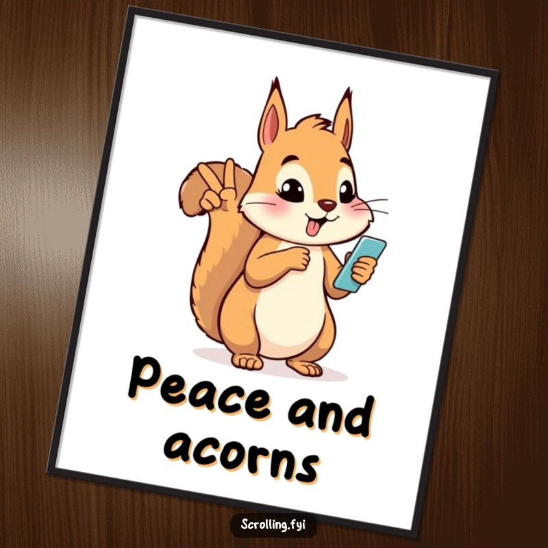 Funny silly squirrel giving a peace sign while looking at a phone, creating a whimsical and hilarious piece of wall art.