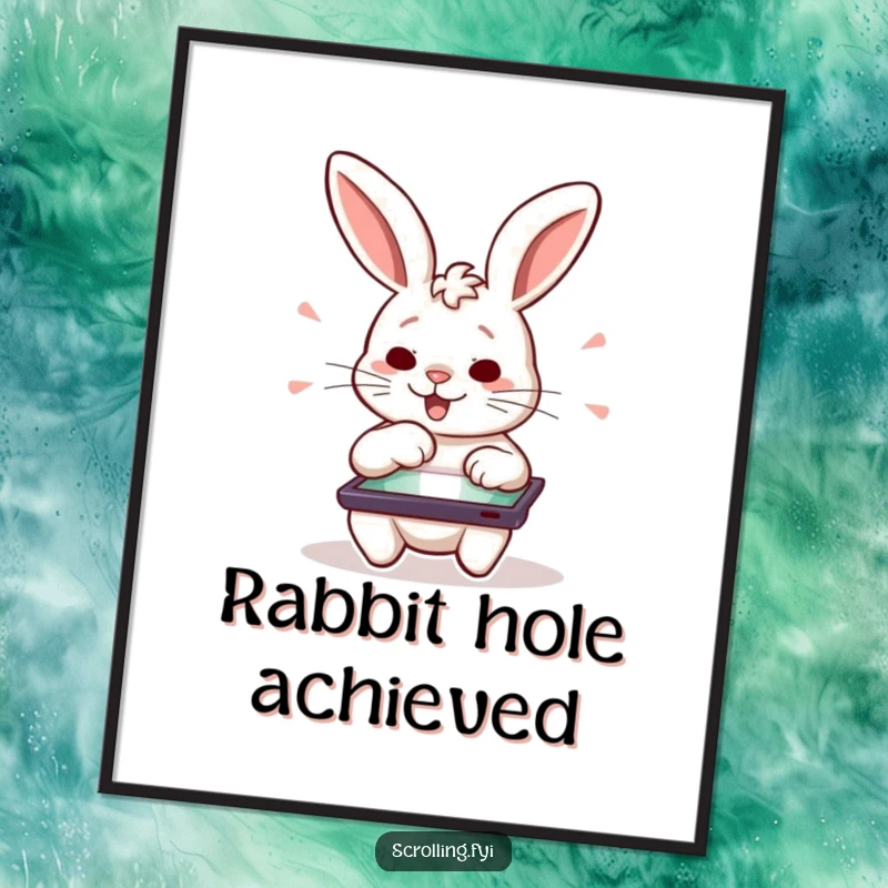 Funny poster of a determined rabbit character swiping enthusiastically on a tablet, a dynamic funny gift.