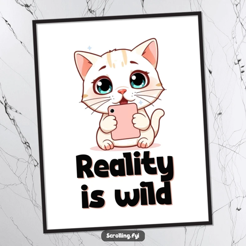 Funny Cat Poster: A surprised cat with wide, amazed eyes staring intently at a phone screen, perfect for wall decor, gift.