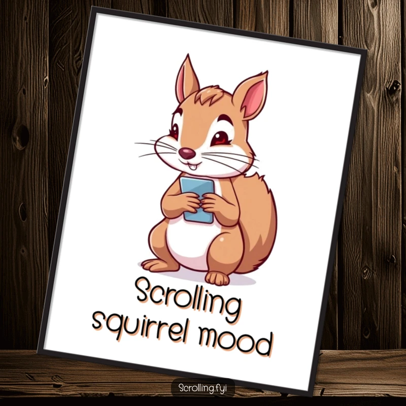 Funny poster of a determined squirrel holding a phone vertically, showing intense focus while scrolling, representing digital immersion.