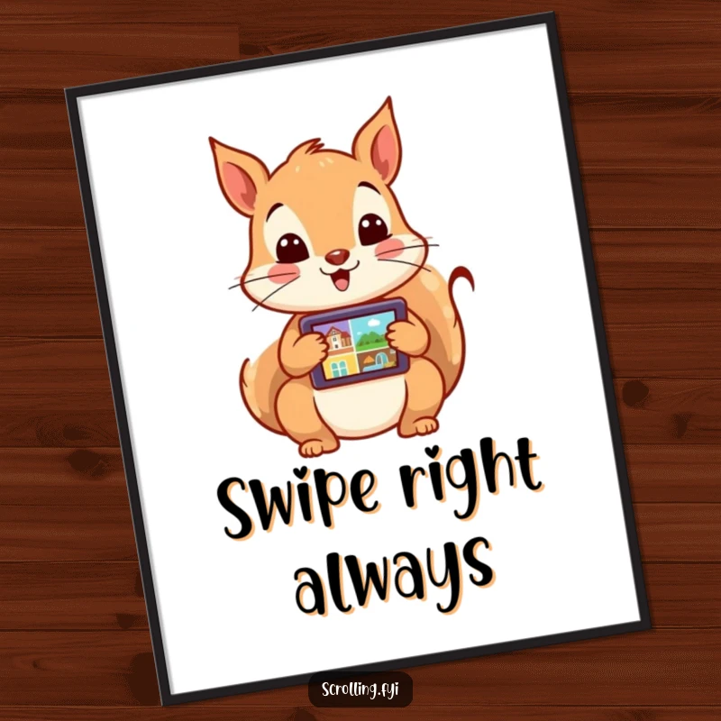 Funny poster art of an extremely excited squirrel rapidly swiping through images on a tablet screen. Celebrates digital exploration.