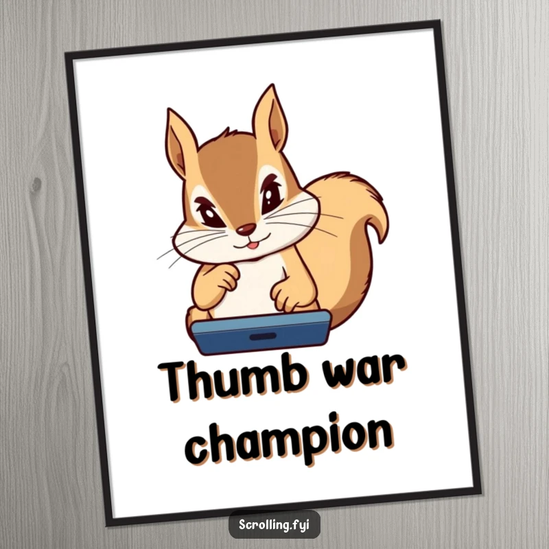 Funny Squirrel Poster: Intense artwork of a determined squirrel with glowing eyes, thumbs flying on a handheld gaming device.