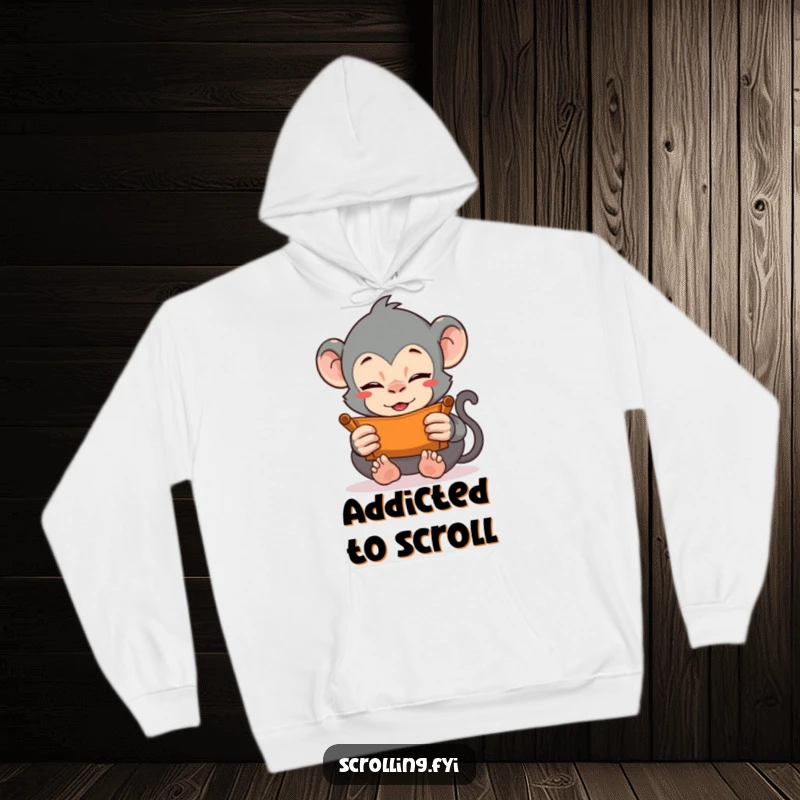 Funny hoodie featuring a monkey with extreme focus vigorously scrolling with both hands. Warm and comically relatable for screen addicts.