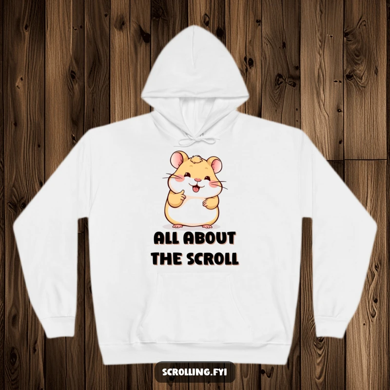 Funny Hamster Hoodie: Comfortable hoodie showcasing a happy hamster intently scrolling a luminous screen, perfect for tech enthusiasts.