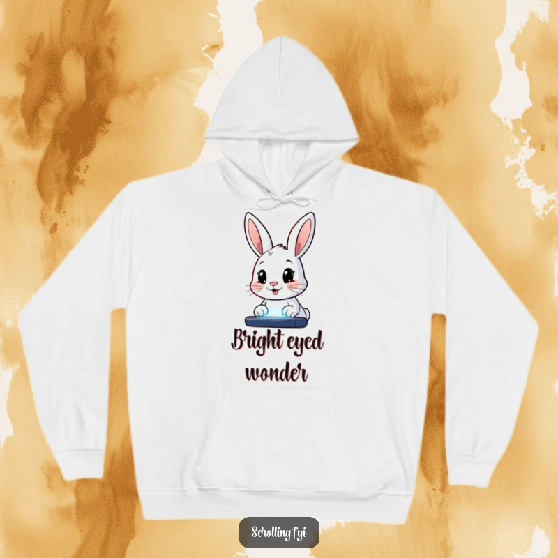 Funny hoodie featuring a happy bunny with wide eyes, intently staring at a glowing screen, offering warmth and digital humor.