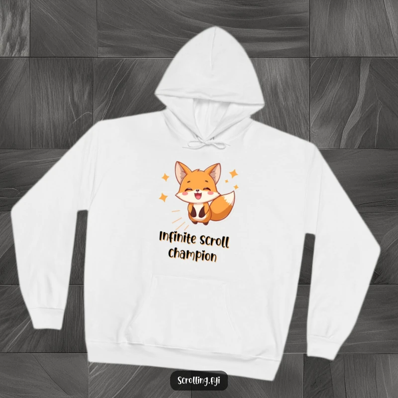 Funny hoodie showcasing a happy fox intensely scrolling through phone images, a comfortable and humorous present for digital lovers.