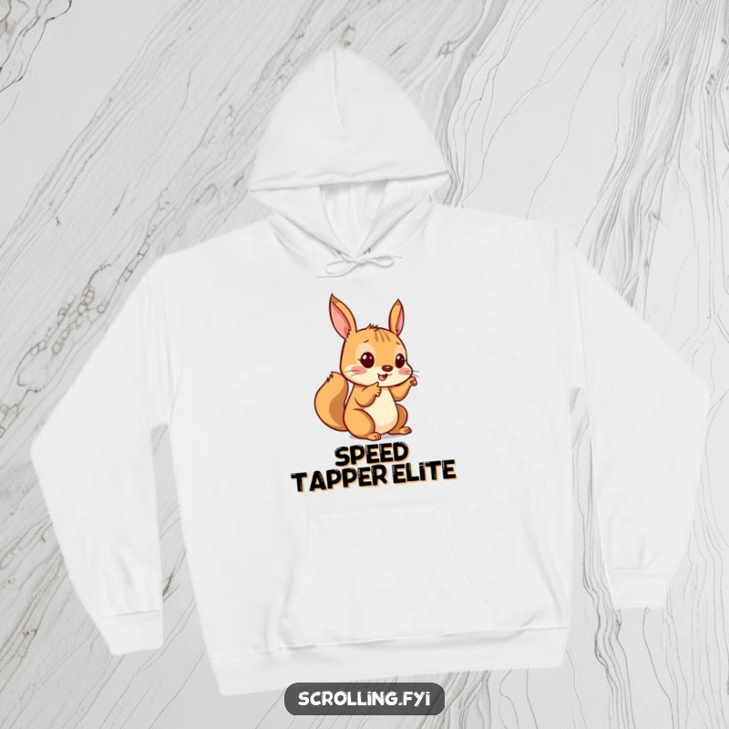 Funny hoodie with a playful squirrel intently tapping a digital screen, offering warmth and a humorous design for gadget fans.