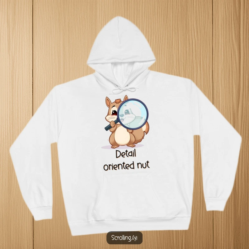 Funny cozy hoodie with a cheerful squirrel holding a large magnifying glass over a screen, a warm funny gift.