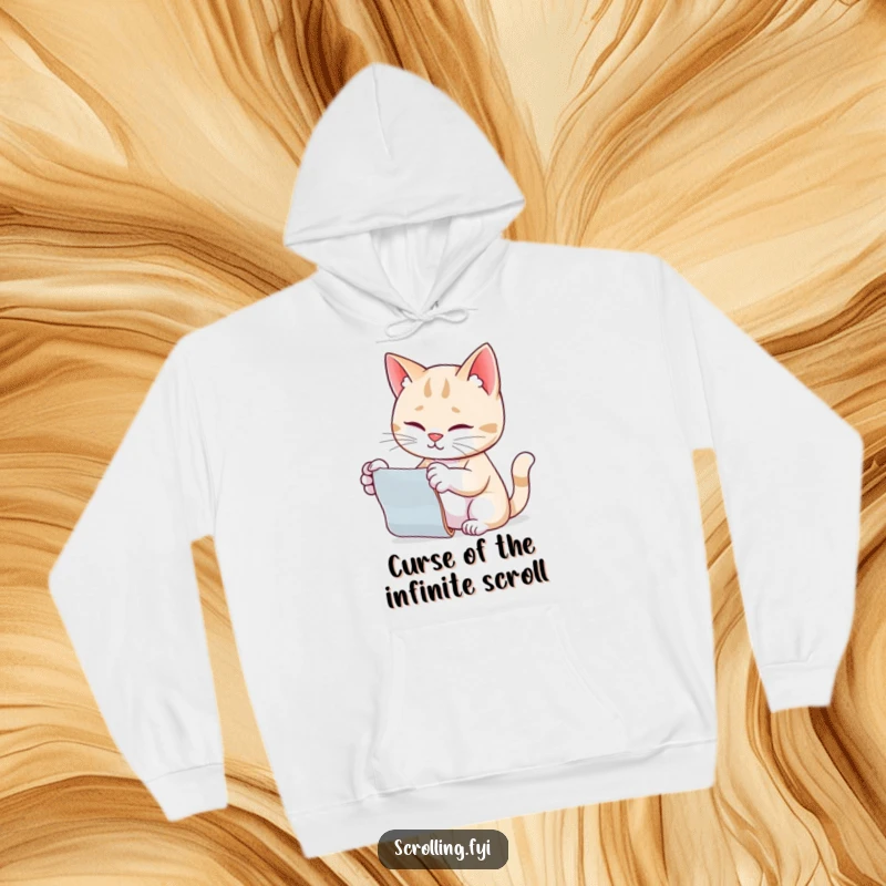 Funny cat hoodie, paw out, scrolling on a device, capturing a cat's curious digital engagement.
