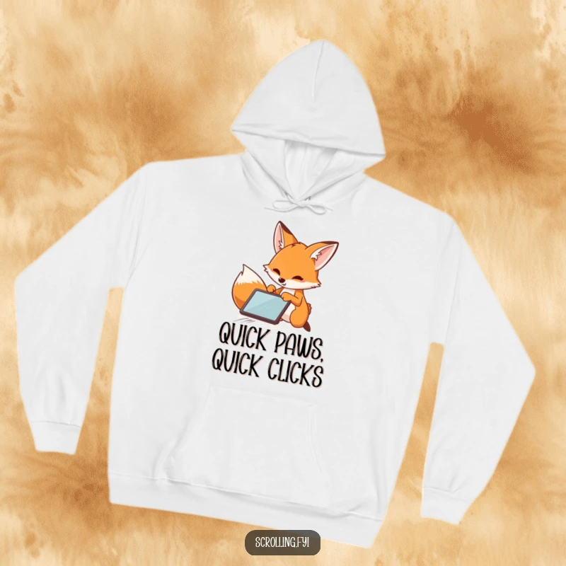 Funny Fox Hoodie: Warm hoodie showcasing a playful fox swiftly swiping across a tablet, perfect for the fast-paced individual.