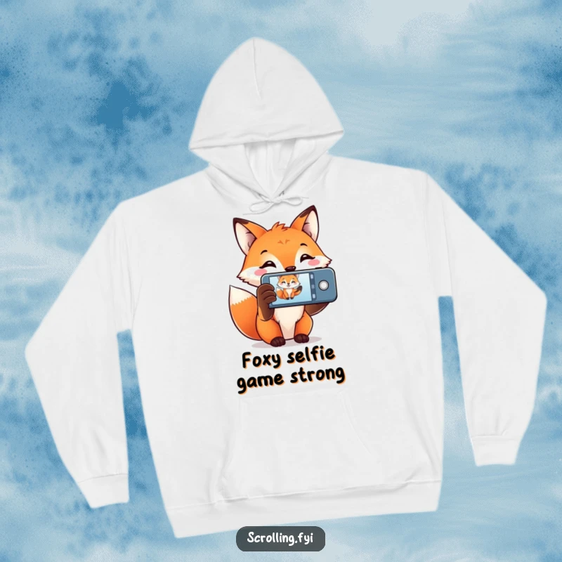 Funny Fox Hoodie featuring a smiling fox holding a phone, capturing a moment, perfect for cozy photography enthusiasts.