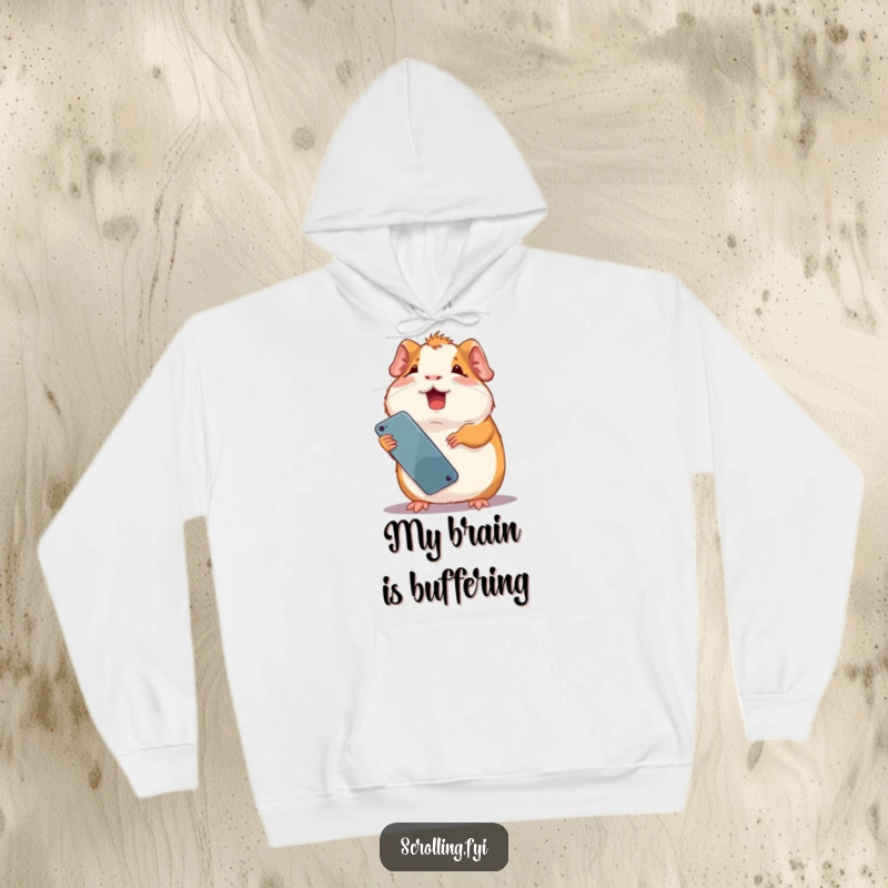 Funny giggling guinea pig captivated by a smartphone held upside down, adorably amused. Great funny hoodie.