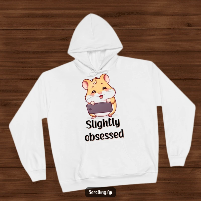 Funny Giggling Hamster Hoodie: A cozy hooded sweatshirt featuring a tiny hamster captivated by a smartphone, offering maximum humorous appeal.