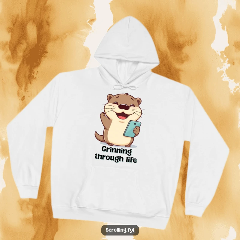 Funny otter hoodie showing a cheerful otter holding a phone with a big smile, ideal for cozy and happy wear.