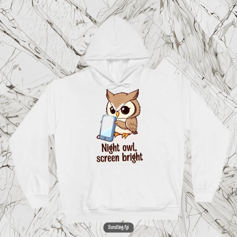 Funny owl hoodie, curiously peering intently at a bright, illuminated phone screen, providing cozy intellectual humor.
