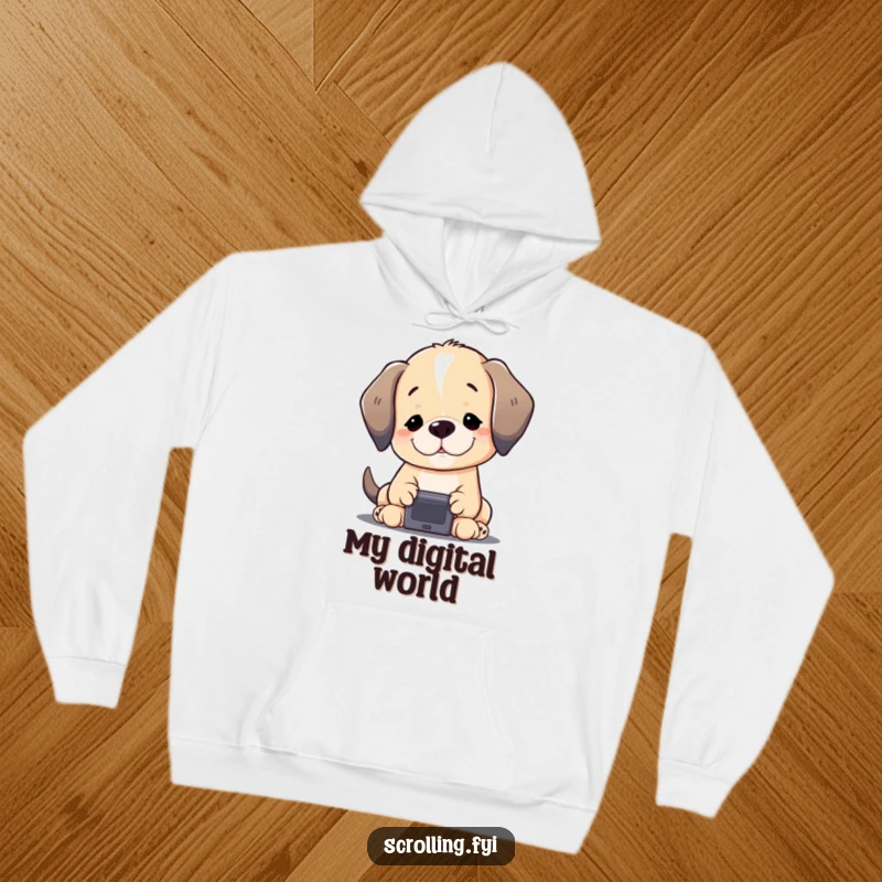 Funny Puppy Hoodie: A content puppy gazing intently at a glowing screen, representing digital obsession humorously, a warm and funny apparel.