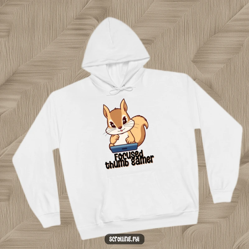 Funny Squirrel Hoodie: Cozy hoodie showcasing a determined squirrel with thumbs flying across a device, perfect for long gaming sessions.