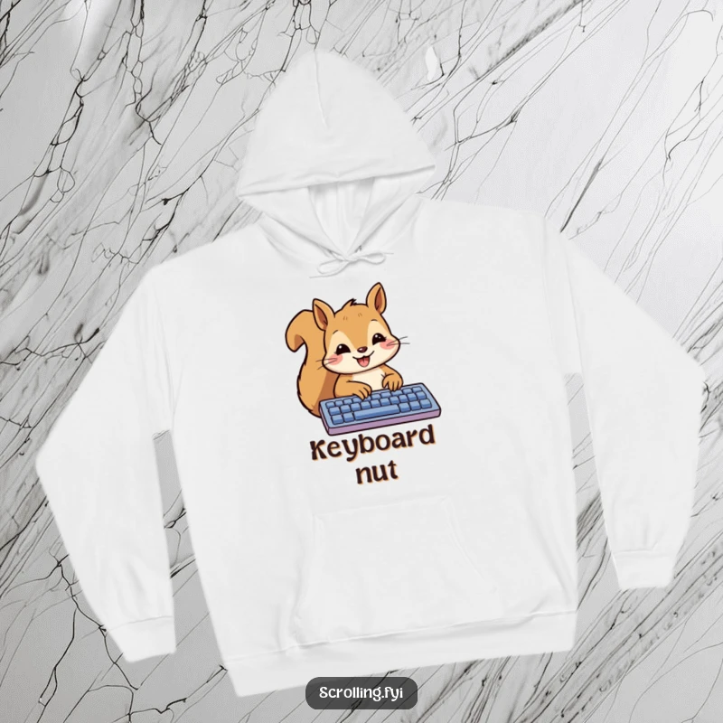 Funny Squirrel Hoodie depicting a smiling squirrel happily typing a message on a keyboard, ideal for cozy tech sessions.