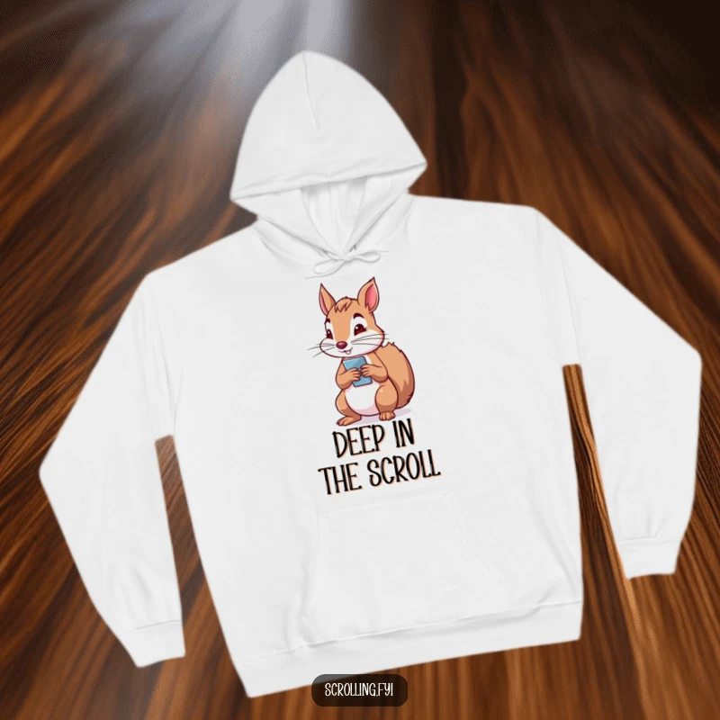 Funny hoodie featuring a determined squirrel holding a phone vertically, showing intense focus while scrolling through content.