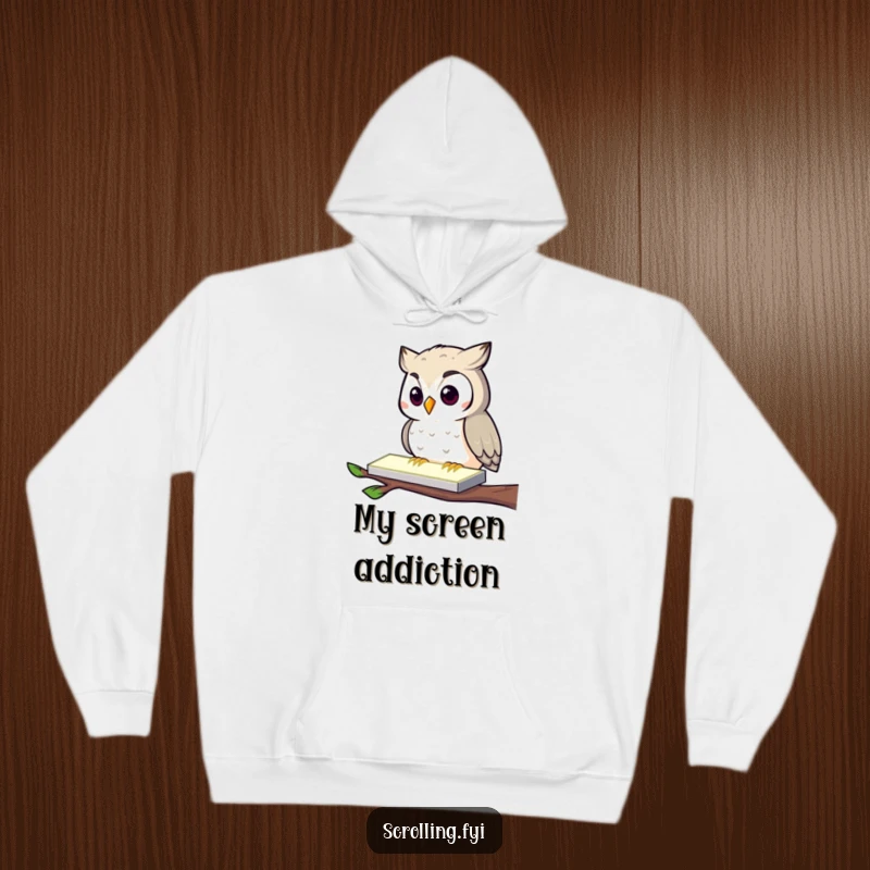 Funny Owl Hoodie: A curious owl intensely tapping a glowing screen, representing digital life humorously, a warm and funny apparel.