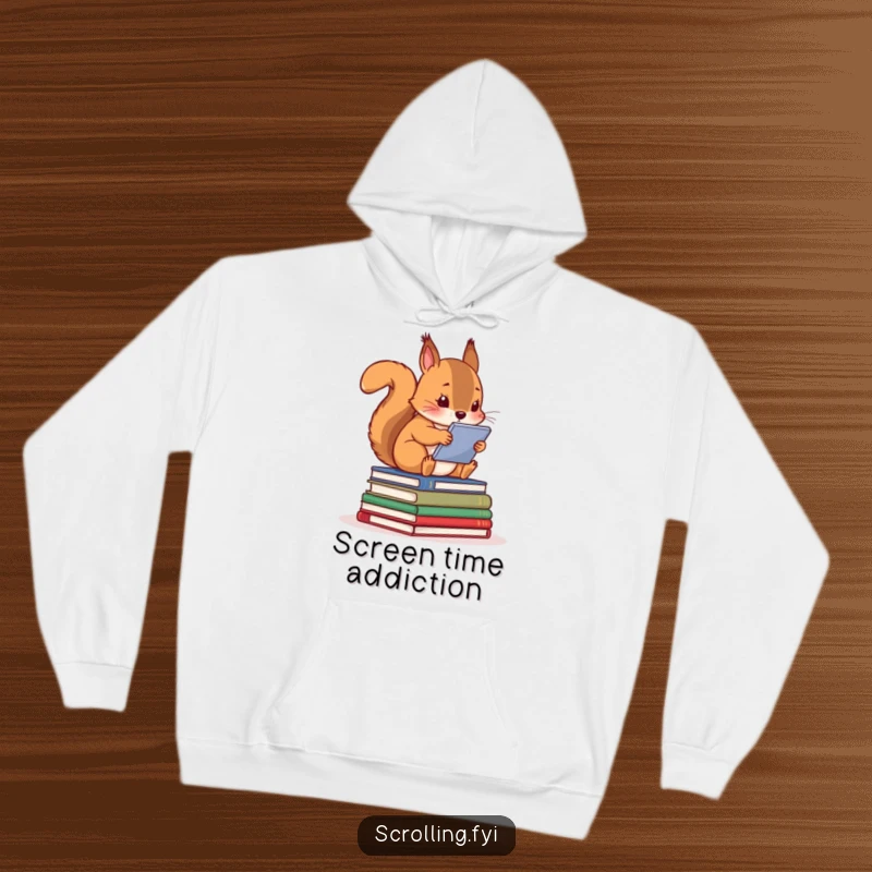 Funny squirrel absorbed in a screen, nestled on a pile of books, a cozy hoodie for tech enthusiasts.