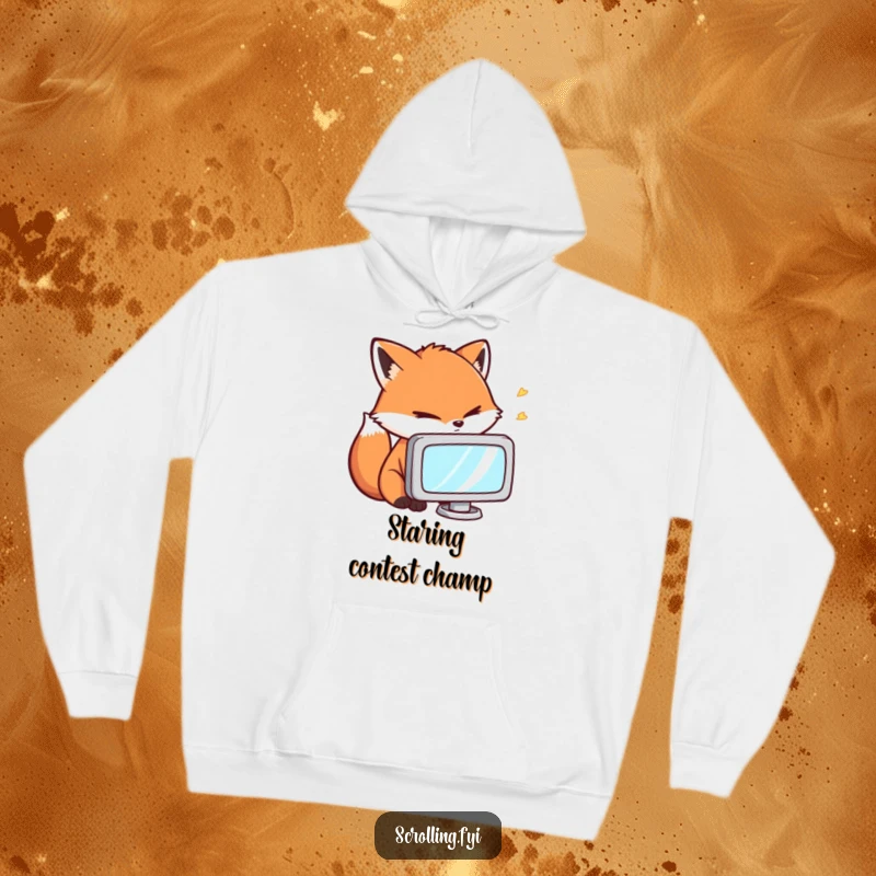 Funny Hoodie: A fox comically staring intensely at a small screen, ideal for gamers needing cozy comfort and a touch of humor.