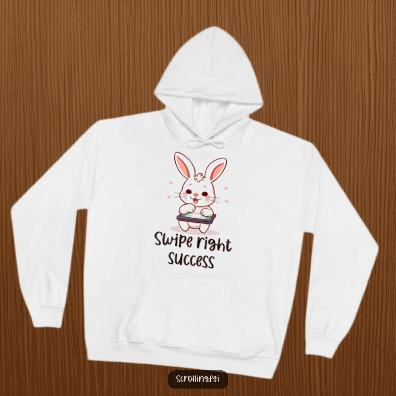 Funny cozy hoodie with a determined rabbit character swiping excitedly on a tablet, a warm funny gift.