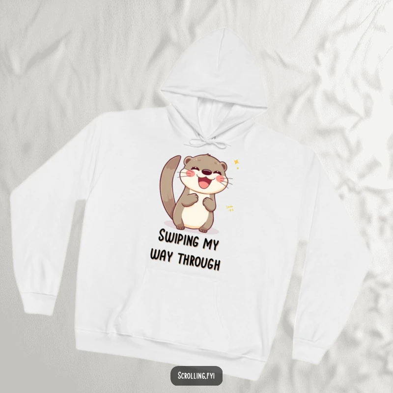 Funny hoodie with a joyful otter swiping across a virtual interface, symbolizing effortless digital interaction.