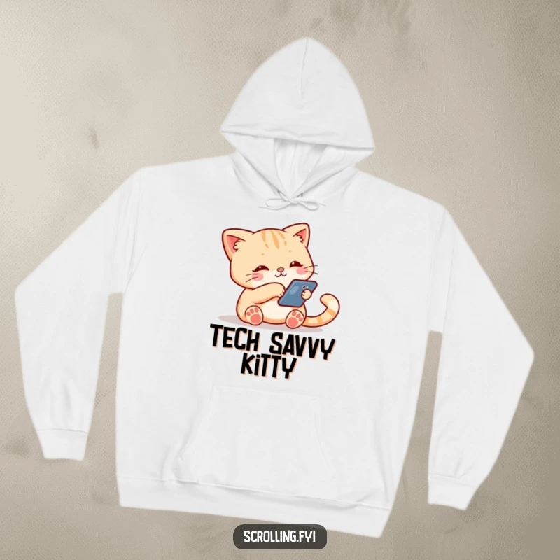 Funny hoodie featuring a cute cat absorbed in a smartphone, its paw swiping down the screen, offering warmth and tech humor.