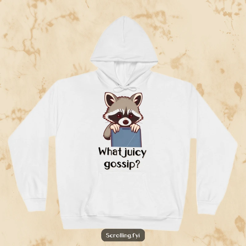 Funny Raccoon Hoodie: Comfortable hoodie with a mischievous raccoon peeking over a shoulder at a phone, conveying curiosity, gift.