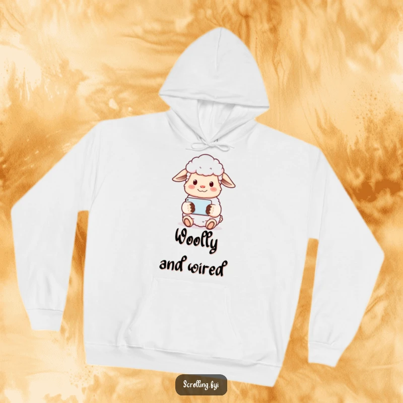Funny sheep hoodie with a content sheep holding a phone horizontally and watching a video with a serene expression.