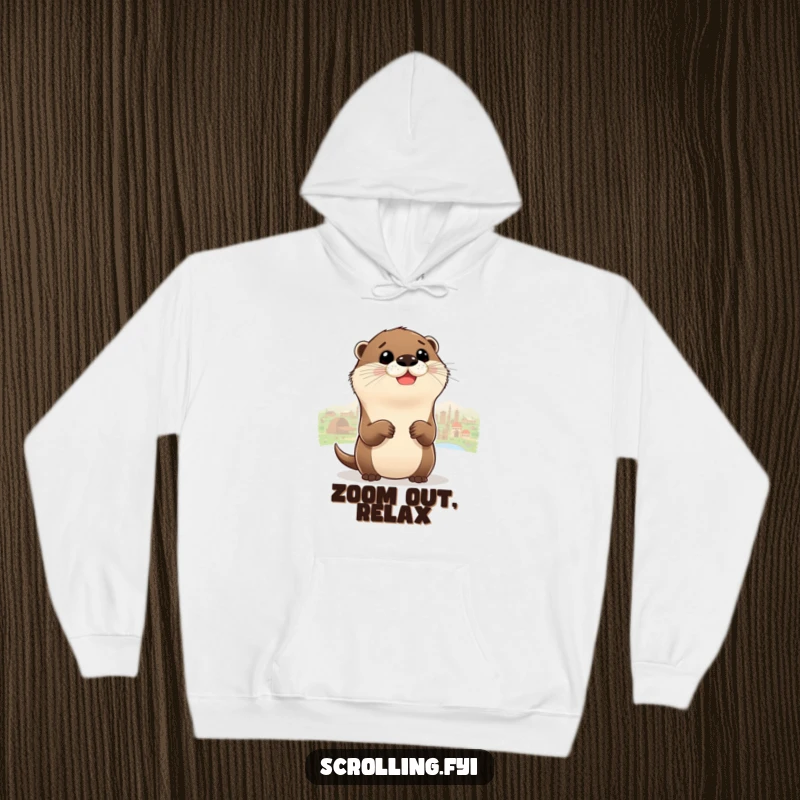 Funny Otter Hoodie depicting a delighted otter zooming out to see a whole panorama, ideal for cozy adventures.
