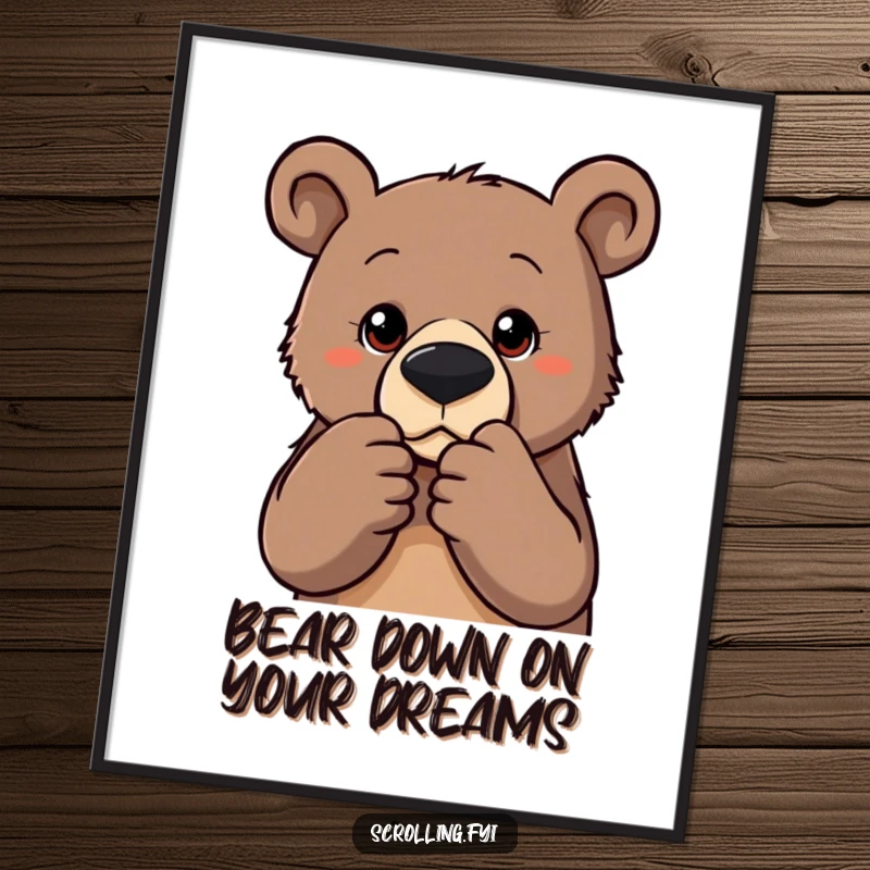Funny Free Printable Wall Art: A determined bear with a very focused look, zooming in intensely on a photograph.