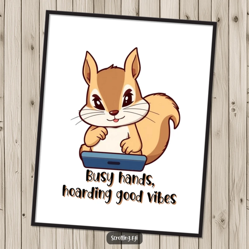 Funny Free Printable Wall Art: A determined squirrel with thumbs flying, intensely focused on a digital device screen.