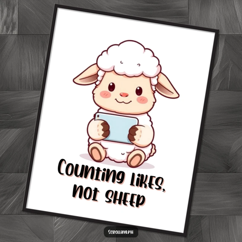 Funny Free Printable Wall Art: Content sheep with a serene expression watches a video horizontally on a smartphone.