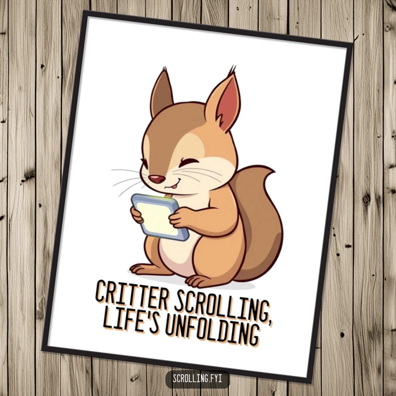 Funny Free Printable Wall Art: A curious squirrel intensely focused on its bright, glowing handheld device, a humorous digital download.