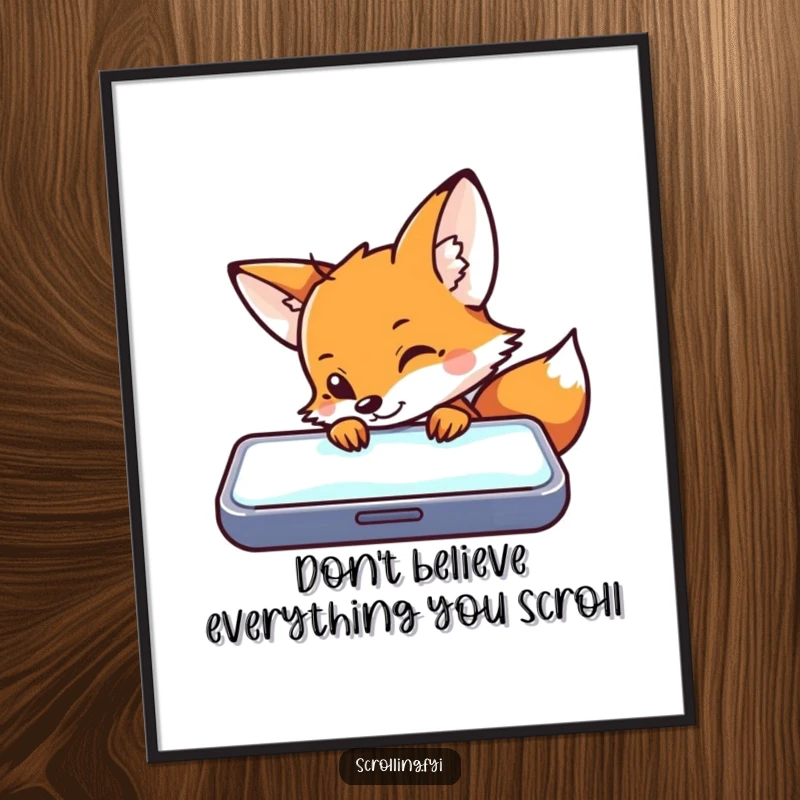 Funny Free Printable Wall Art: A curious fox peeking over a glowing mobile device, symbolizing tech addiction.