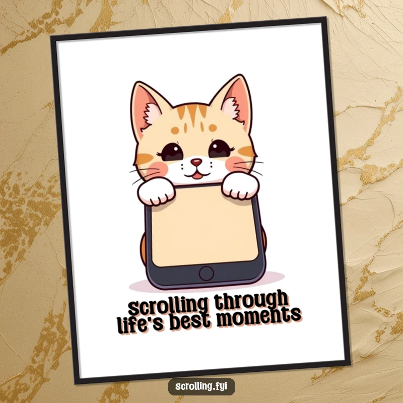 Funny Free Printable Wall Art: A cute cat playfully peering over a giant smartphone screen, techy decor.