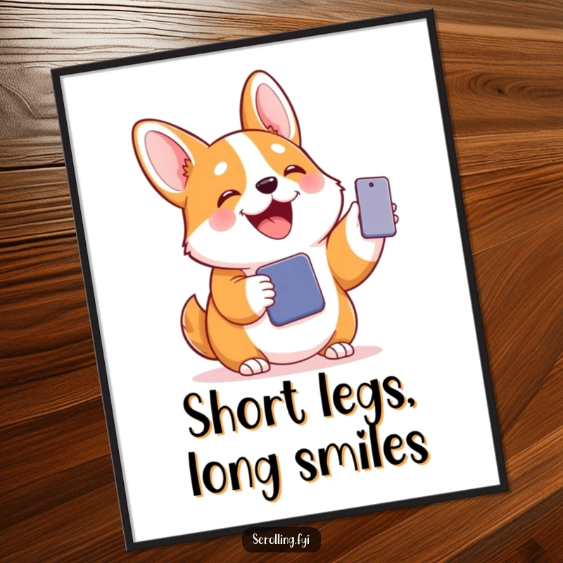 Funny Free Printable Corgi Wall Art: Joyful corgi holding a phone with a delighted expression, dog themed art.
