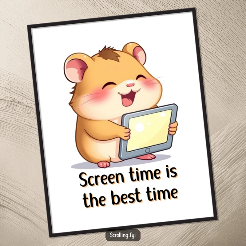 Funny Free Printable Wall Art: A giggling hamster holds a tablet, its face lit by the screen, bringing playful vibes to your room.