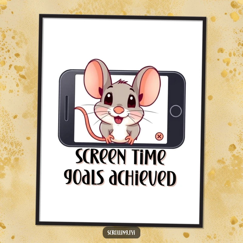 Funny Free Printable Wall Art depicting a playful mouse zooming incredibly close to a phone screen, a unique piece of downloadable art.