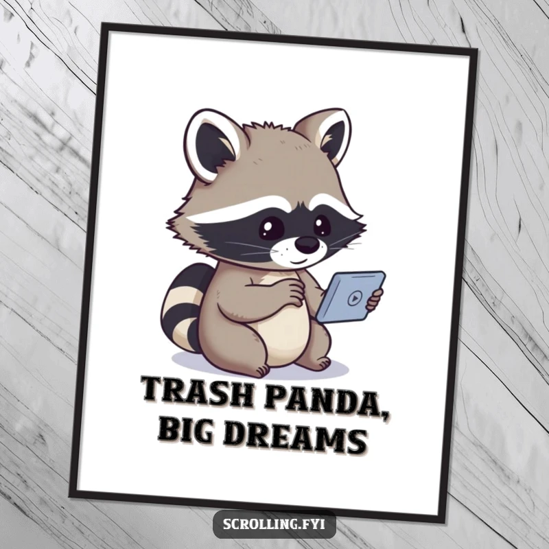 Funny Free Printable Raccoon Wall Art: Curious raccoon mesmerized by a small device screen, tech-themed digital art.