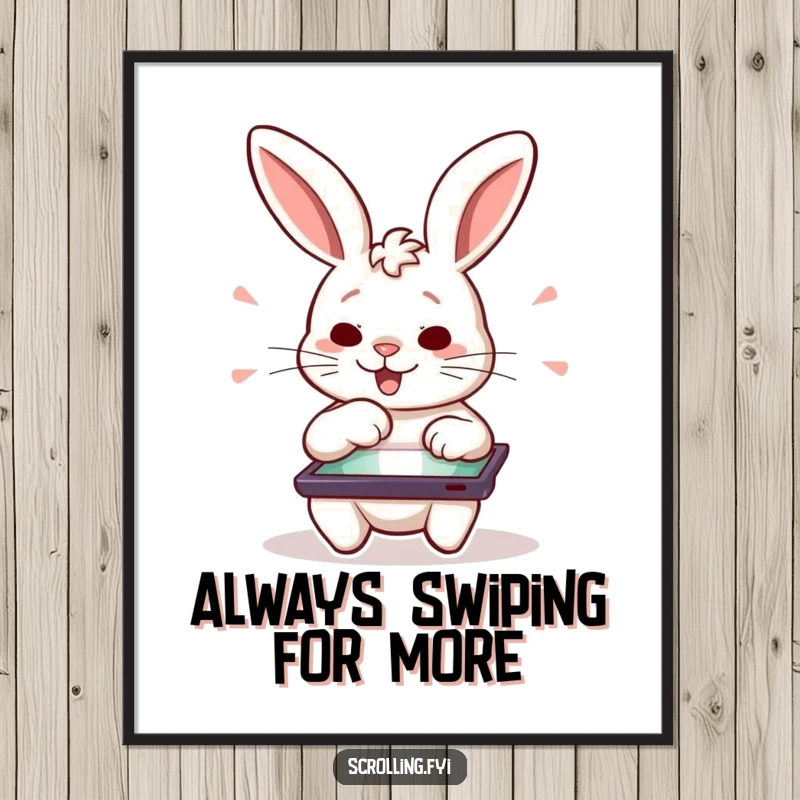 Funny Free Printable Wall Art: A determined rabbit character intensely swiping on a tablet screen, full of excitement.