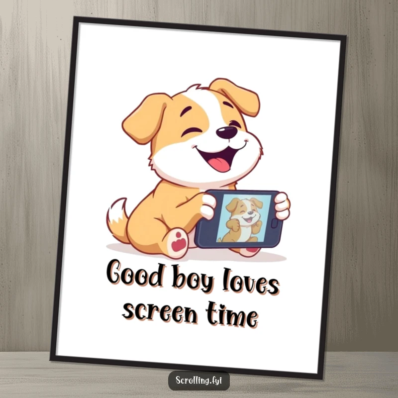 Funny Free Printable Wall Art: Joyful dog with big eyes captivated by a video playing on a smartphone.