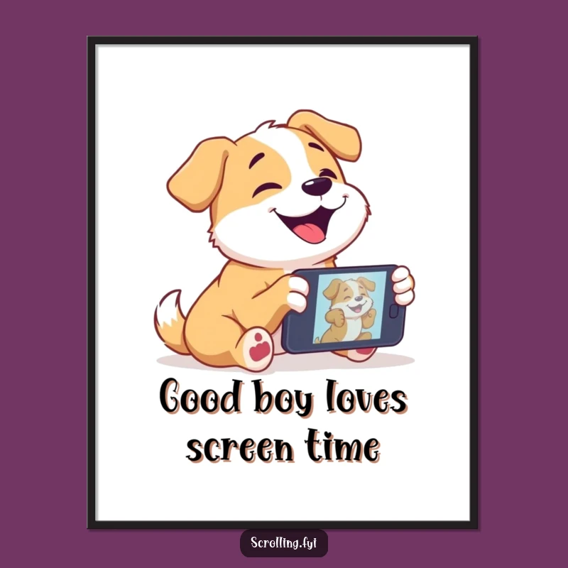 Free Printable Wall Art: Happy Dog on Phone, Funny Downloadable Decor