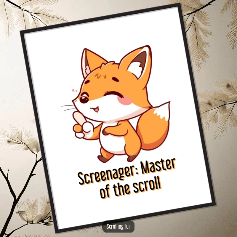 Funny Free Printable Wall Art: A happy fox character intensely scrolling its thumb on a smartphone, a humorous digital art piece.