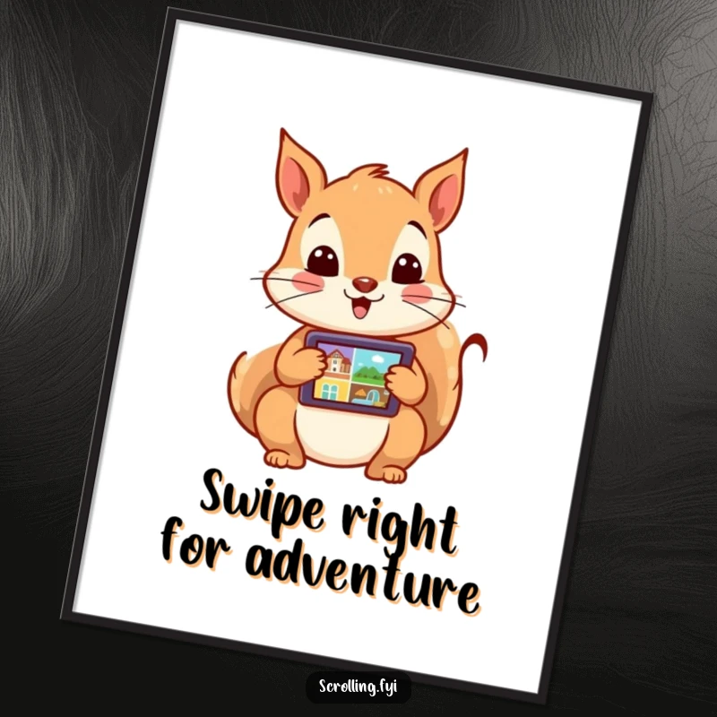 Funny Free Printable Wall Art: An energetic squirrel swiping rapidly through images on a tablet with excitement.