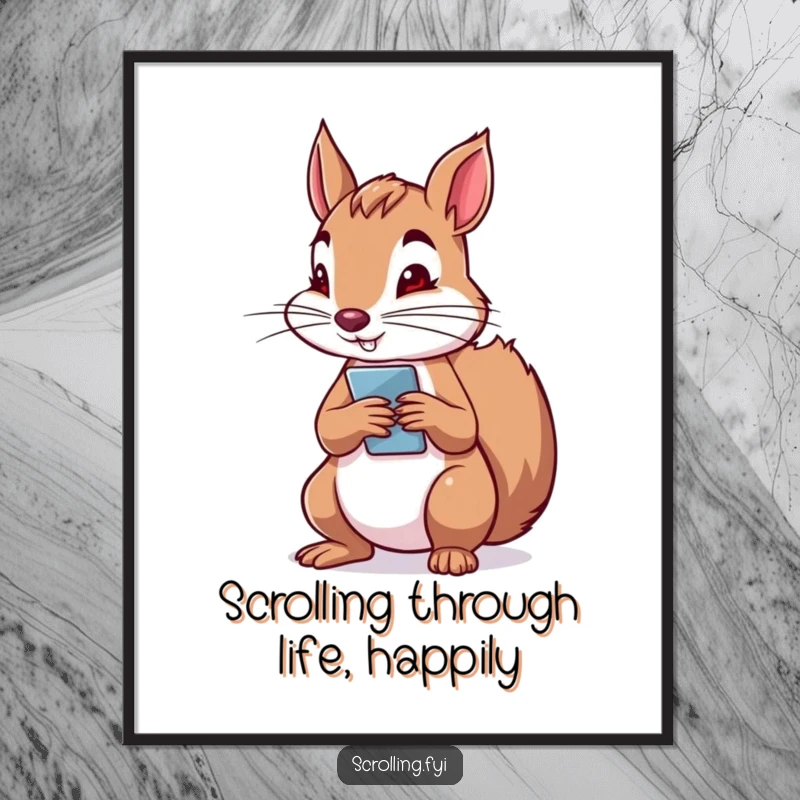 Funny Free Printable Wall Art: A determined squirrel is holding a phone vertically, scrolling with unmistakable focus and intent.