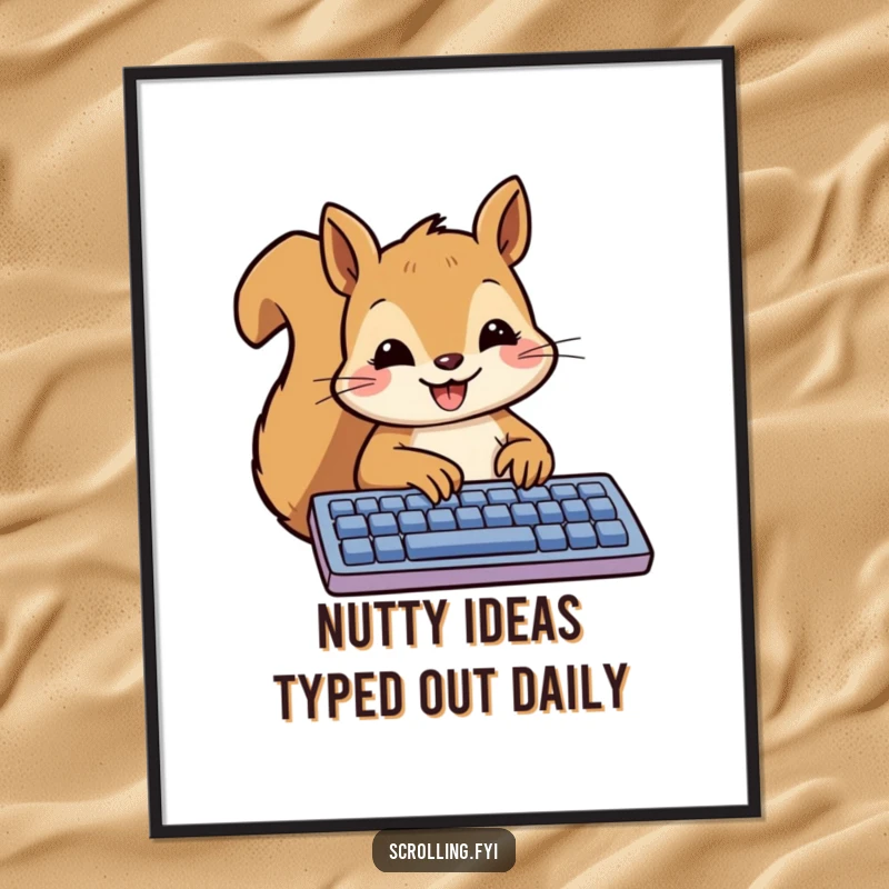 Funny Free Printable Wall Art: A smiling squirrel focused as it happily taps out a message on a keyboard.