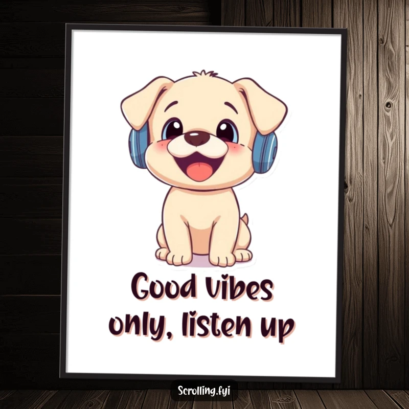 Funny Free Printable Wall Art: A joyful puppy wearing tiny headphones looks surprised at a phone notification.